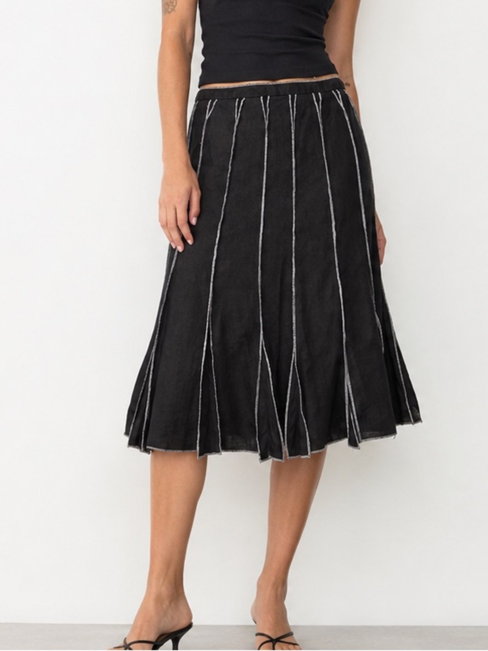 Y2K vintage Carole Little Black Linen Contrast Stitch Paneled Flare Midi Skirt 8